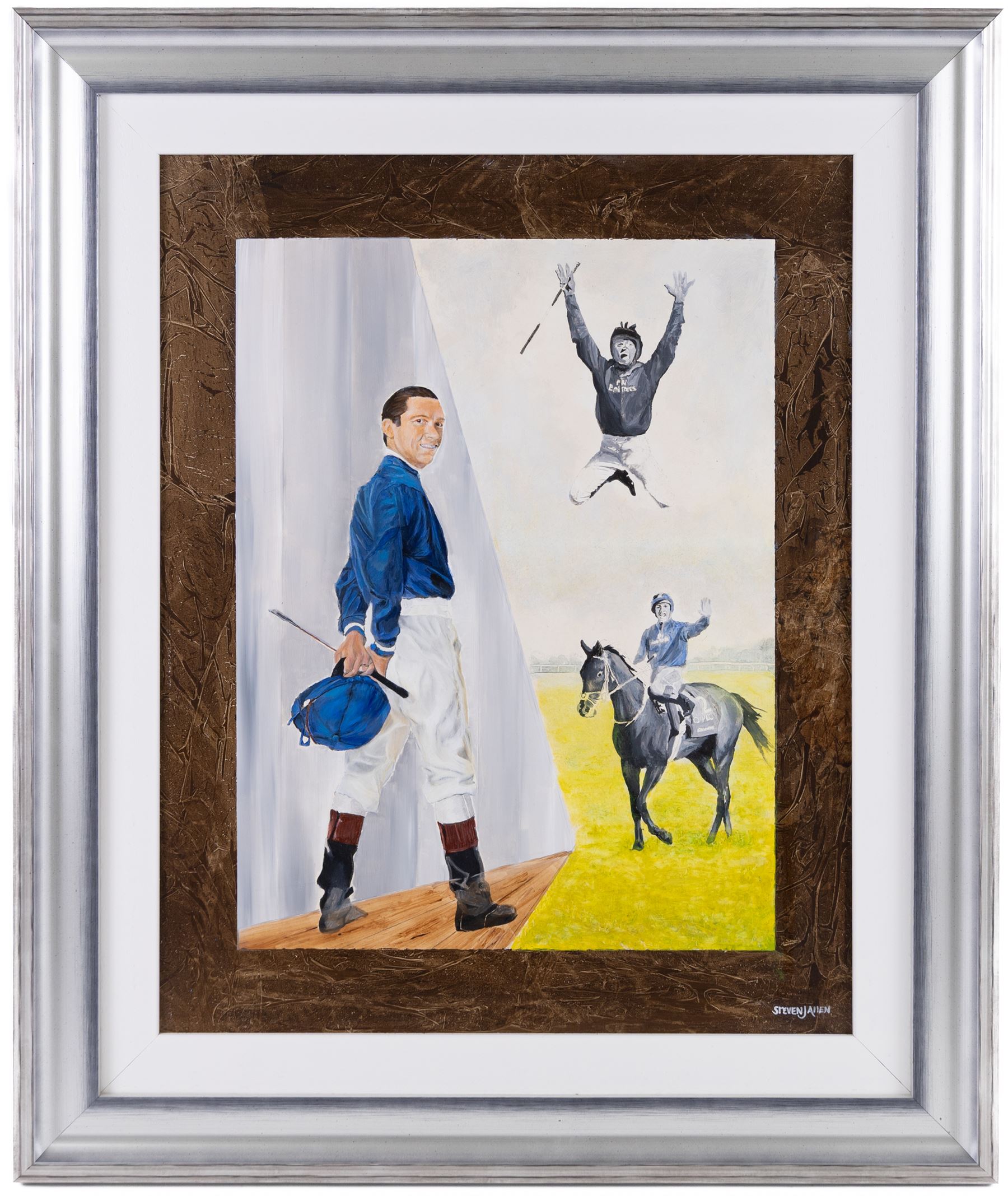 Steven J Allen (British Contemporary): Portraits of Franki Dettori, oil on board signed 49cm x 39cm 