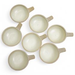 Set of seven Winchcombe studio pottery soup bowls, with impressed marks to bases, D17cm including handles
