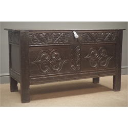 17th/18th century carved oak blanket chest, hinged lid, stile supports, W115cm, H65cm, D50cm  