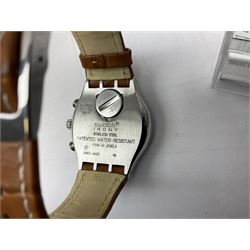 Swatch Irony chronograph stainless steel quartz wristwatch, on original tan leather strap and one other Irony quartz wristwatch, on stainless steel strap both boxed (2)