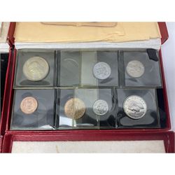 Four King George VI 1950 specimen coin sets, each comprising farthing, half penny, penny, threepence, sixpence, English  one shilling, Scottish one shilling, two shillings and half crown, each in red Royal Mint card case