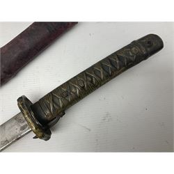 Copy of a WWII Japanese NCO sword, the 65cm slightly curving blade stamped with pseudo Japanese characters and cast brass simulated cord bound grip; in officer's leather bound field scabbard L97cm overall