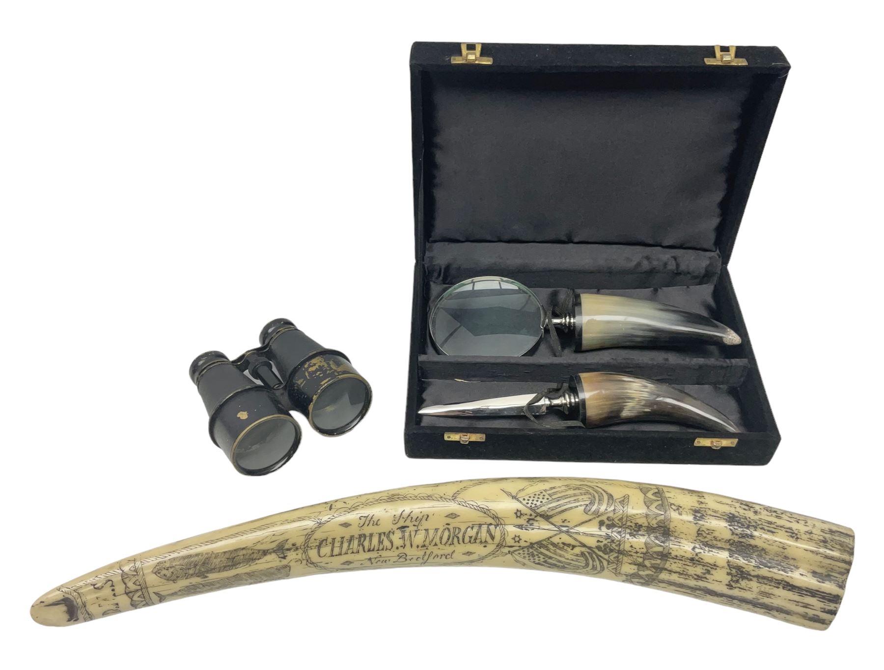 Horn handled magnifying glass and letter opener cased set, replica Scrimshaw in the form of a tusk titled The Ship Charles W Morgan New Bedford and pair of binoculars