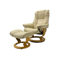 Stressless - armchair and footstool upholstered in beige leather, recliner with swivel base 