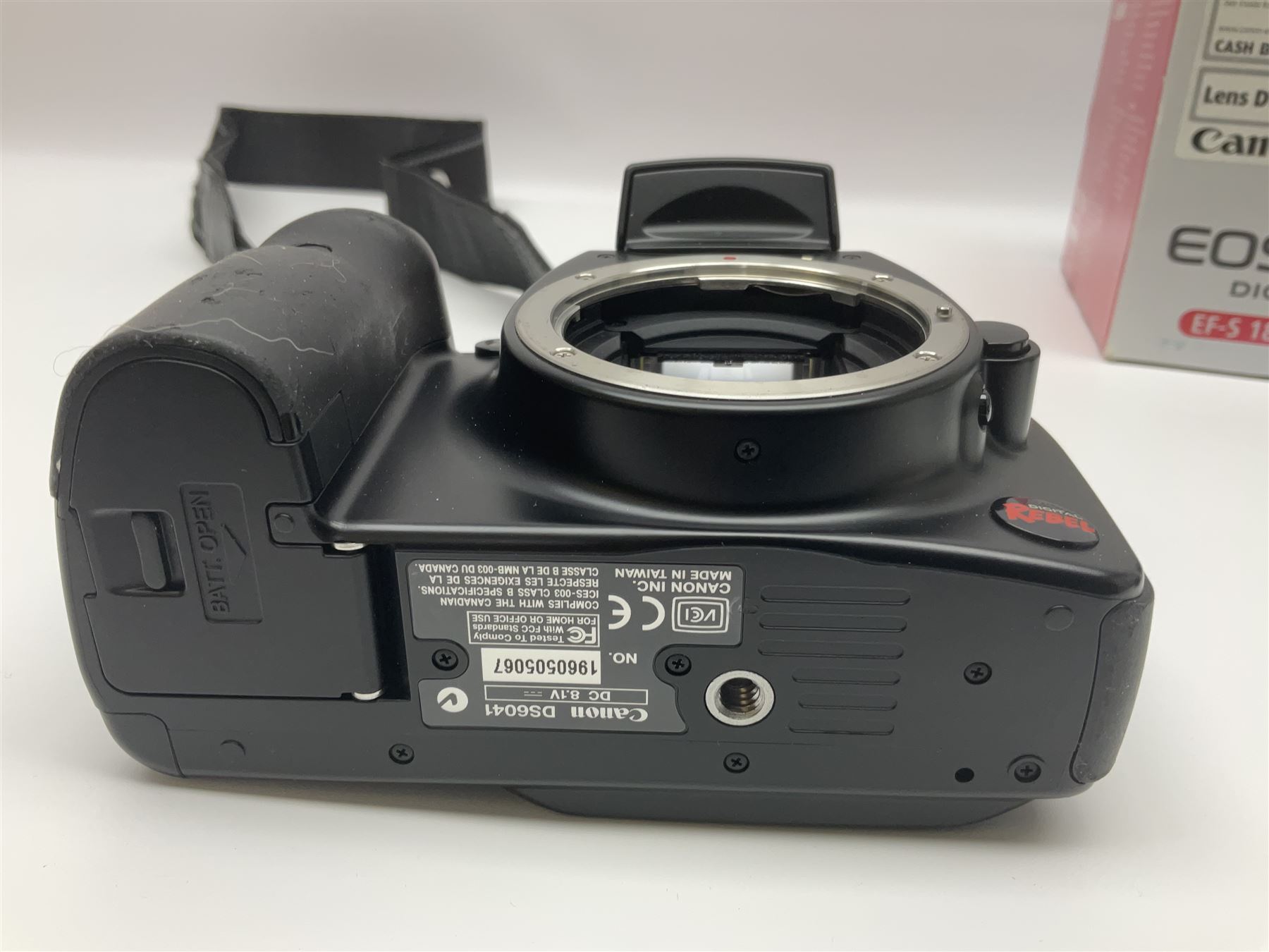 Canon EOS Digital Rebel camera body, serial no. 1960505067, with 'Canon Zoon EF-S 18-55mm 1:3.5-5.6 II' lens, in original box 