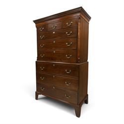 Late 18th century George III mahogany secretaire chest-on-chest, dentil cornice over bande...