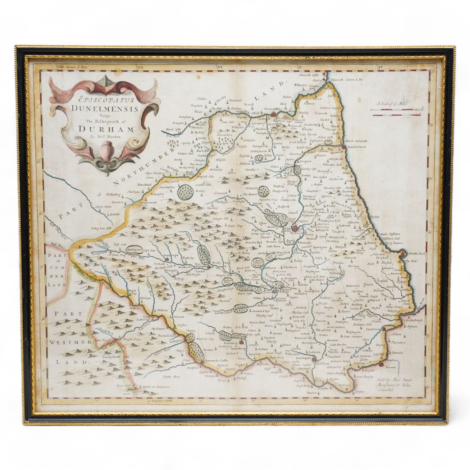 Robert Morden (British c.1650-1703): 'Episcopatus Dunelmensis Vulgo - the Bishoprick of Durham', 17th/18th century engraved map with hand-colouring pub. c.1695, 38cm x 43cm