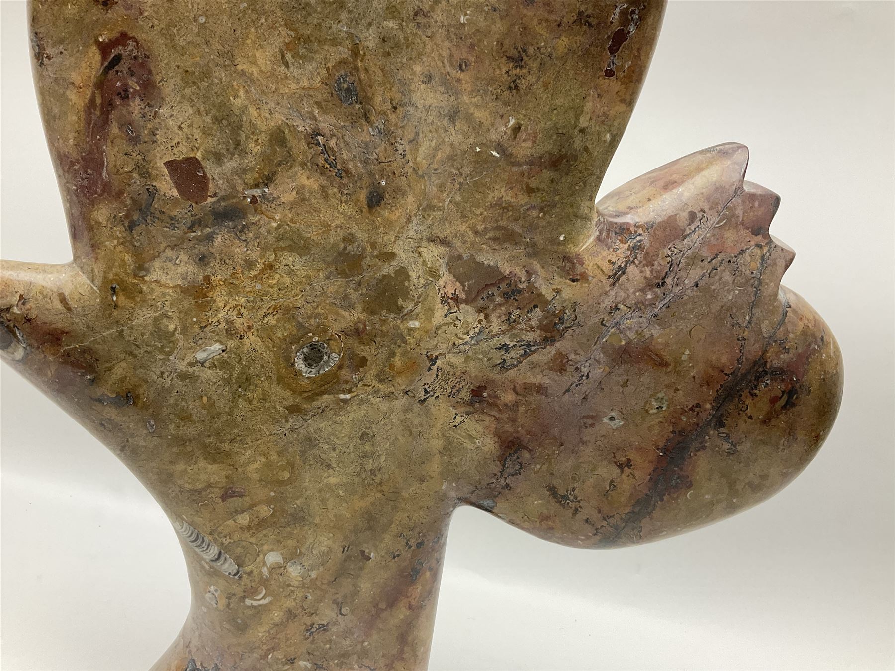 Goniatite sculpture, displaying two Goniatites within a polished and shaped matrix, age; Devonian period, H56cm