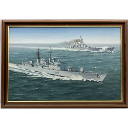 George Heiron (British 1929-2001): 'USS Missouri with HMS Edinburgh at Full Steam' - First Gulf War, oil on canvas signed and dated Aug. 1991, 49cm x 75cm