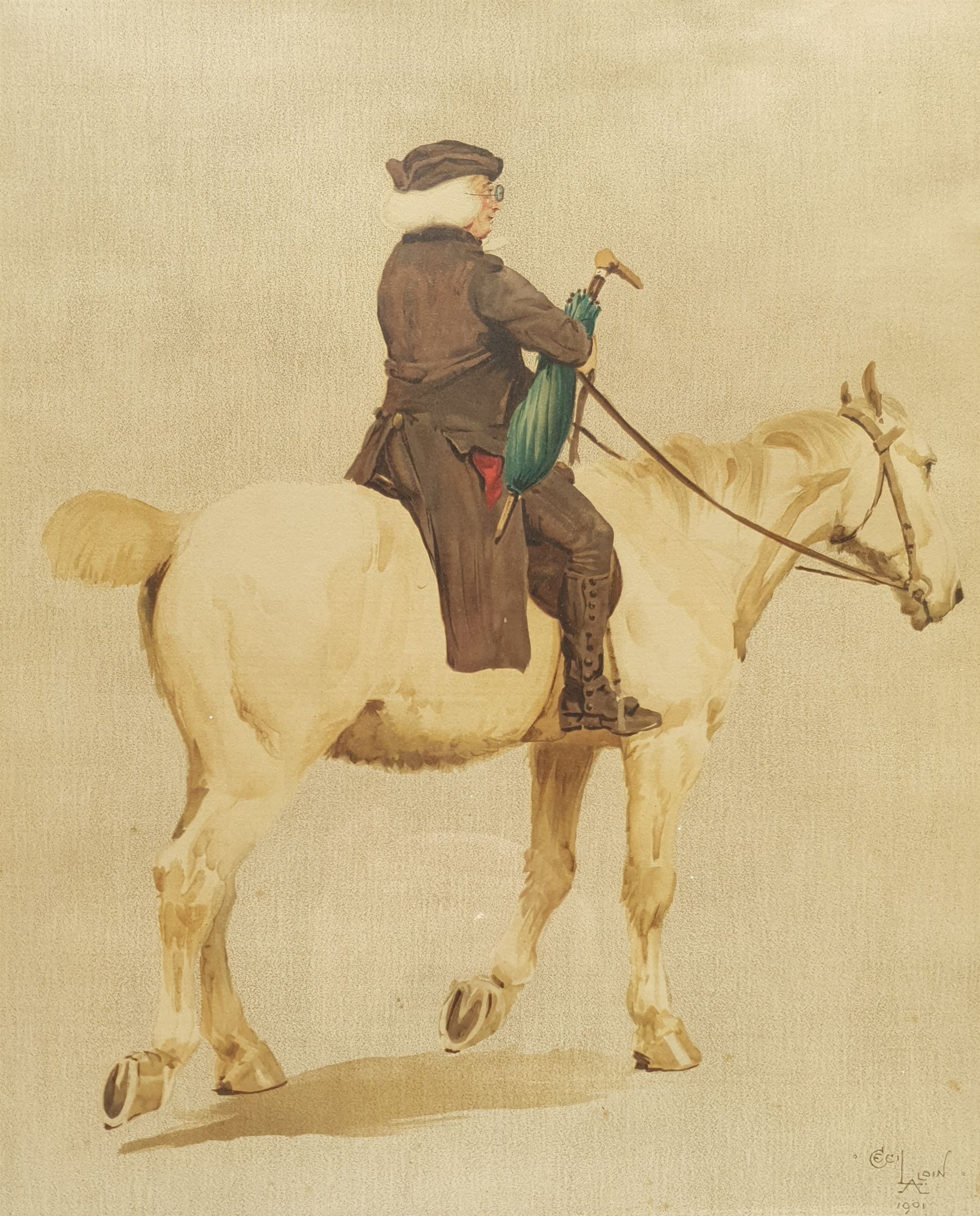 After Cecil Aldin (British 1870-1935): 'The Parson', chromolithograph 41cm x 33cm in period oak frame; 'General View of Old Kentish Town 1820', 19th century hand-coloured engraving 17cm x 22cm; and a reproduction newspaper article relating to Warter Priory 34cm x 51cm (3)