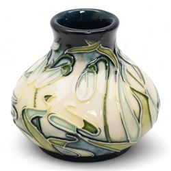 Seven Moorcroft miniature vases, various patterns including snowdrops, beetles, insects, cat fish etc, H6cm max (7)