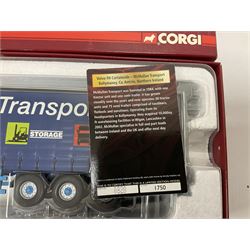 Corgi - Hauliers of Renown, three 1:50 scale models comprising CC14020 Volvo FH Curtainside - McMullan Transport Balleymoney, Co. Antrim, Northern Ireland no.820/1750; CC15006 Iveco Stralis Fridge Curtainside P. Harper & Sons Ltd - Ramsey, Cambridge, no.987/1000; CC15303 Scania 141 Canvas Load R. T. Keedwell Ltd - Highbridge, Somerset no.876/1000; all boxed 
