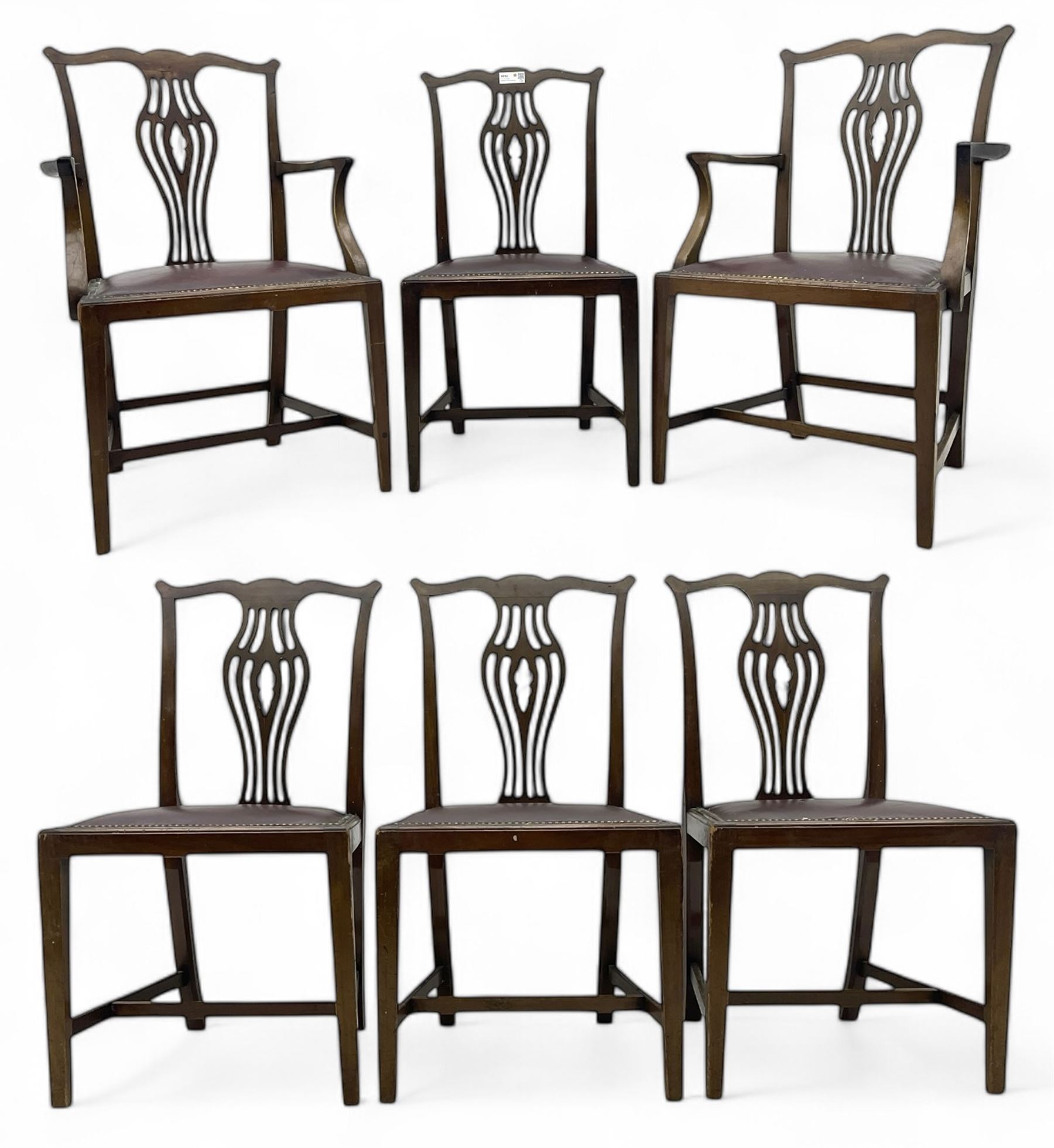 Set of six (4+2) 19th century Chippendale-design mahogany dining chairs, shaped cresting rail over pierced bulbous vase-shaped splat, burgundy leather upholstered seats with brass stud trim, on square tapering supports united by H-stretchers