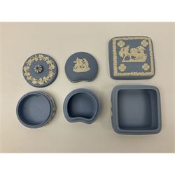 Wedgwood blue Jasperware, including trinket dishes, covered boxes, vase etc (11)
