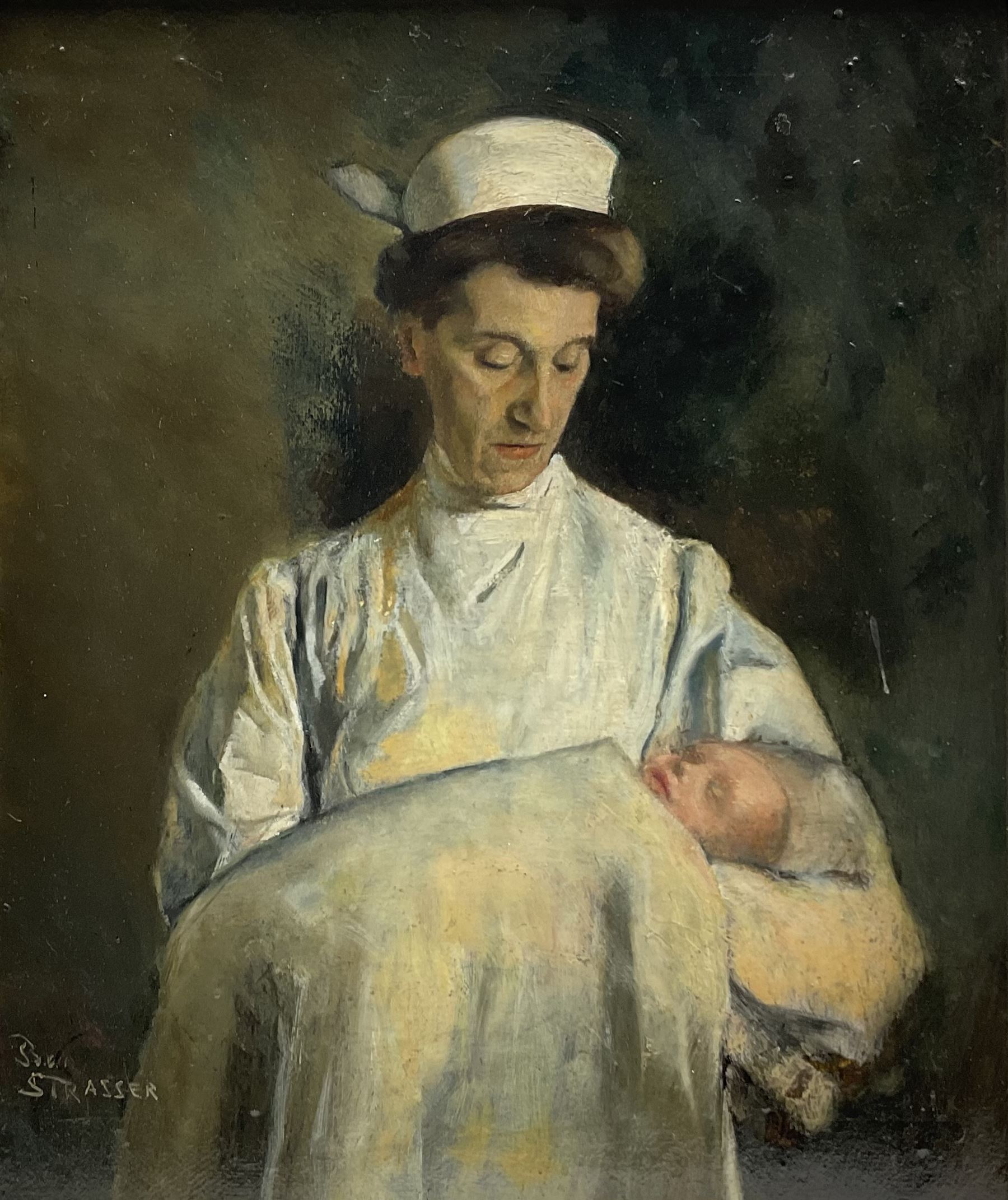 Benjamin Strasser (Austrian 1888-1955): Portrait of a Midwife, oil on board signed 47cm x 39cm