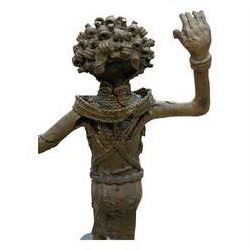 Pair of Benin bronze statures, modelled as a male and female, with armed raised, upon a square base, H76cm