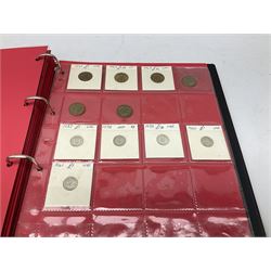 Mostly Great British coins including four Queen Victoria 1857 farthings in various grades, King George V 1927 and 1933 florins, small number of Maundy oddments, commemorative crowns etc, housed in a ring binder album