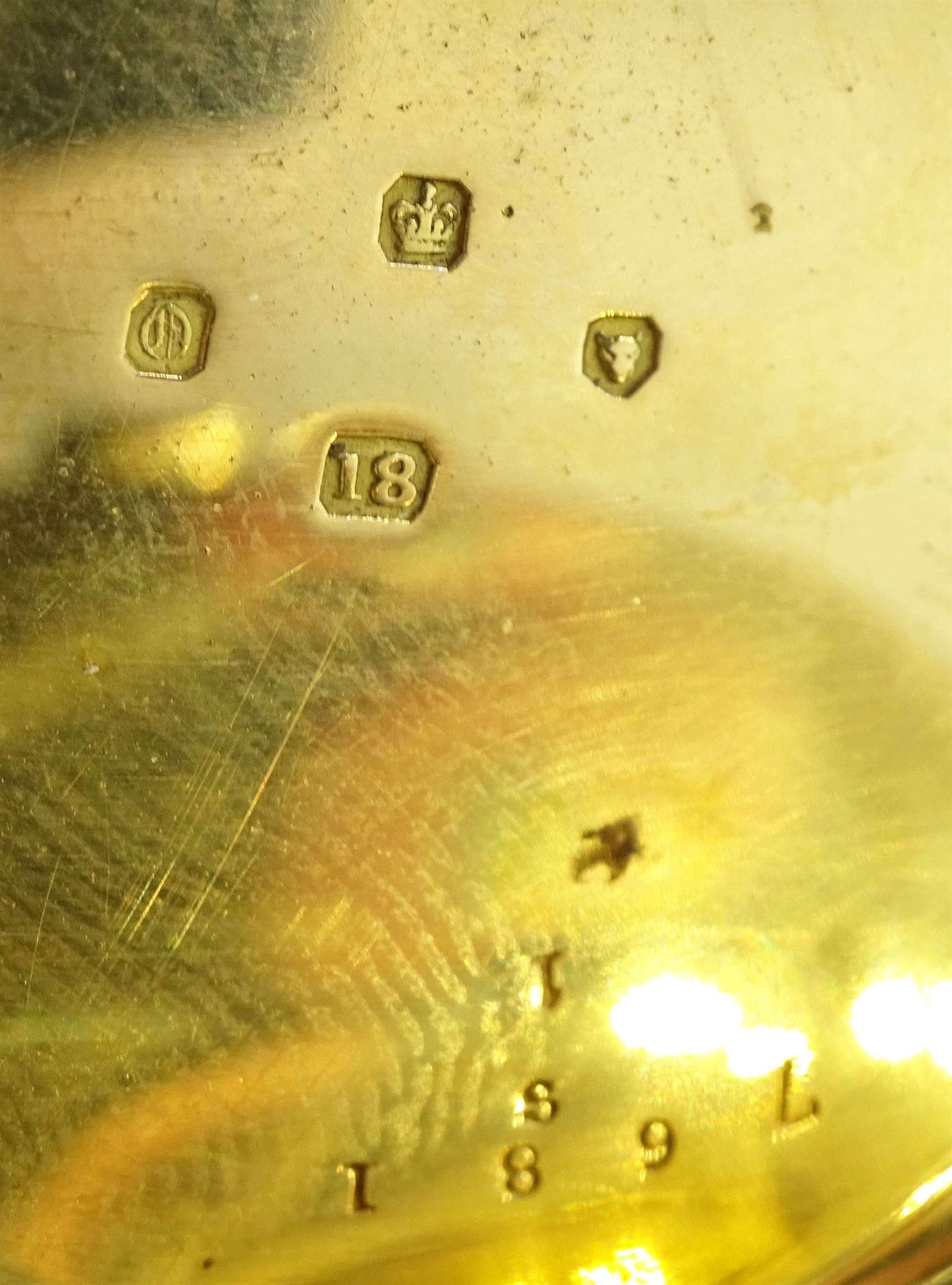 Victorian 18ct gold open face duplex fusee pocket watch by William Johnson, Strand London, No. 7681, white enamel dial with Roman numerals and subsidiary seconds dial, engine turned case, makers mark L C, London 1849