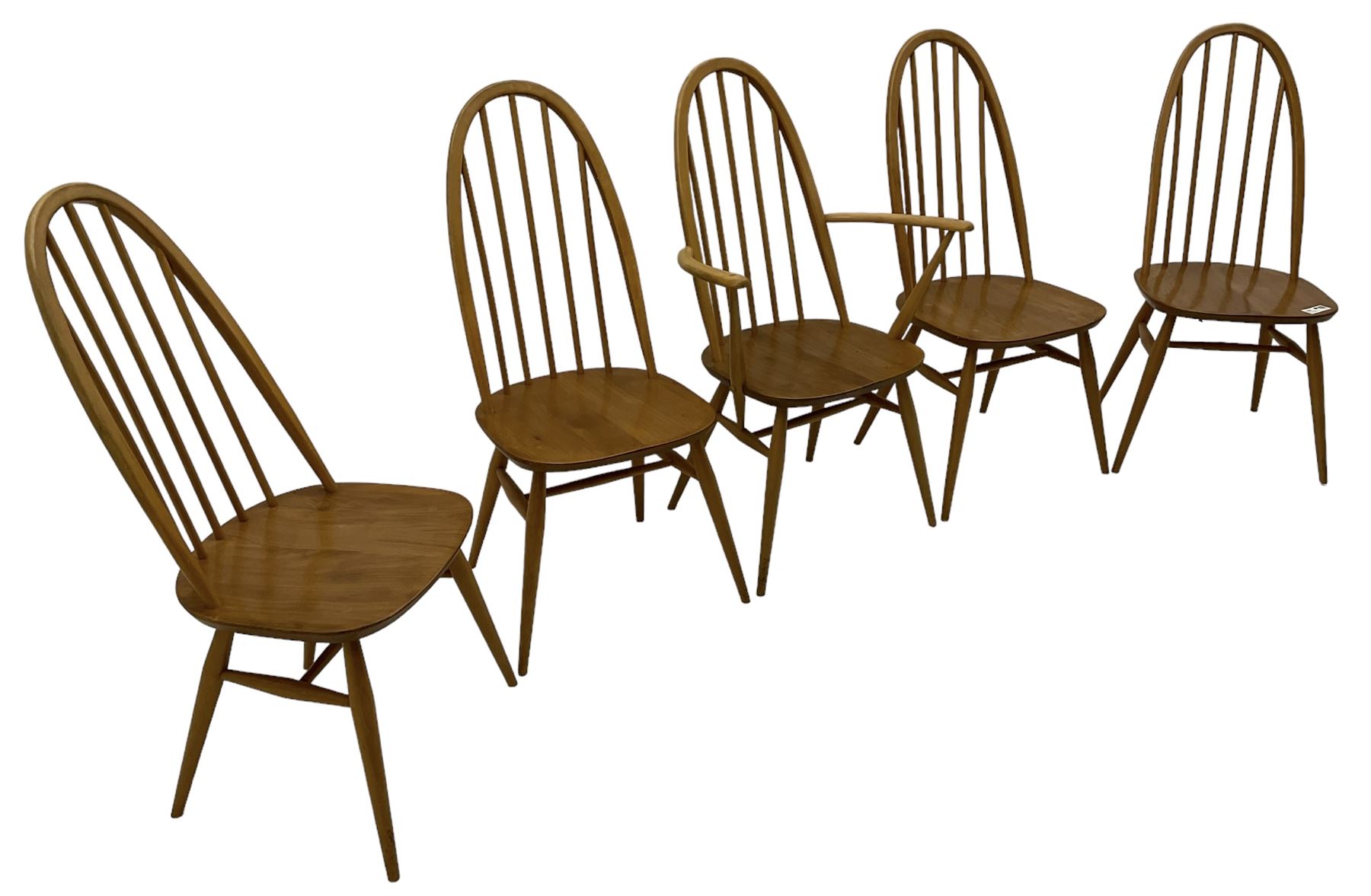Ercol - set if five (4+1) elm and beech 'Windsor' dining chairs, high hoop and stick back, on tapering splayed supports united by H stretchers 