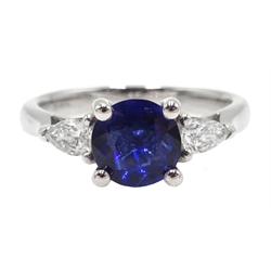  18ct white gold round sapphire and pear shaped diamond ring, hallmarked, sapphire 1.5 carat  