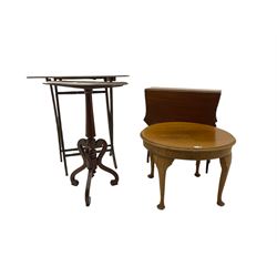 Early 20th century mahogany table on serpentine supports, folding beech table, circular walnut table and an Edwardian drop leaf Sutherland table
