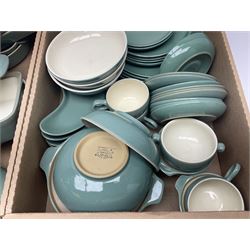 Denby Manor Green pattern part tea and dinner service, including teapots, teacups and saucers, dinner plates, bowls, serving dishes etc 
