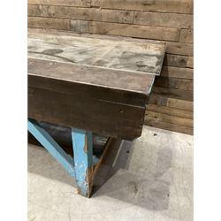 Large timber work bench with central glass section, and two pairs of vintage wooden step ladders (3)