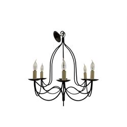 Contemporary black wrought iron six-light chandelier with drip trays and faux candle sleeves; polished chrome six-light chandelier with crystal droplets and cylindrical candleholders (2)