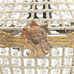 Late 19th century pair of French Empire gilt metal and cut glass bag chandelier, the tapering body formed of faceted glass button drops, with lobed lower bowl, cast foliate and mask mounts, surmounted by a bulbous upper section and terminating with a pendant finial