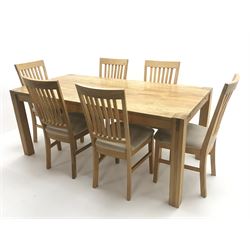 Light oak rectangular dining table, square supports (W182cm, H78cm, D91cm) and set six chairs, upholstered seat, tapering supports (W45cm)