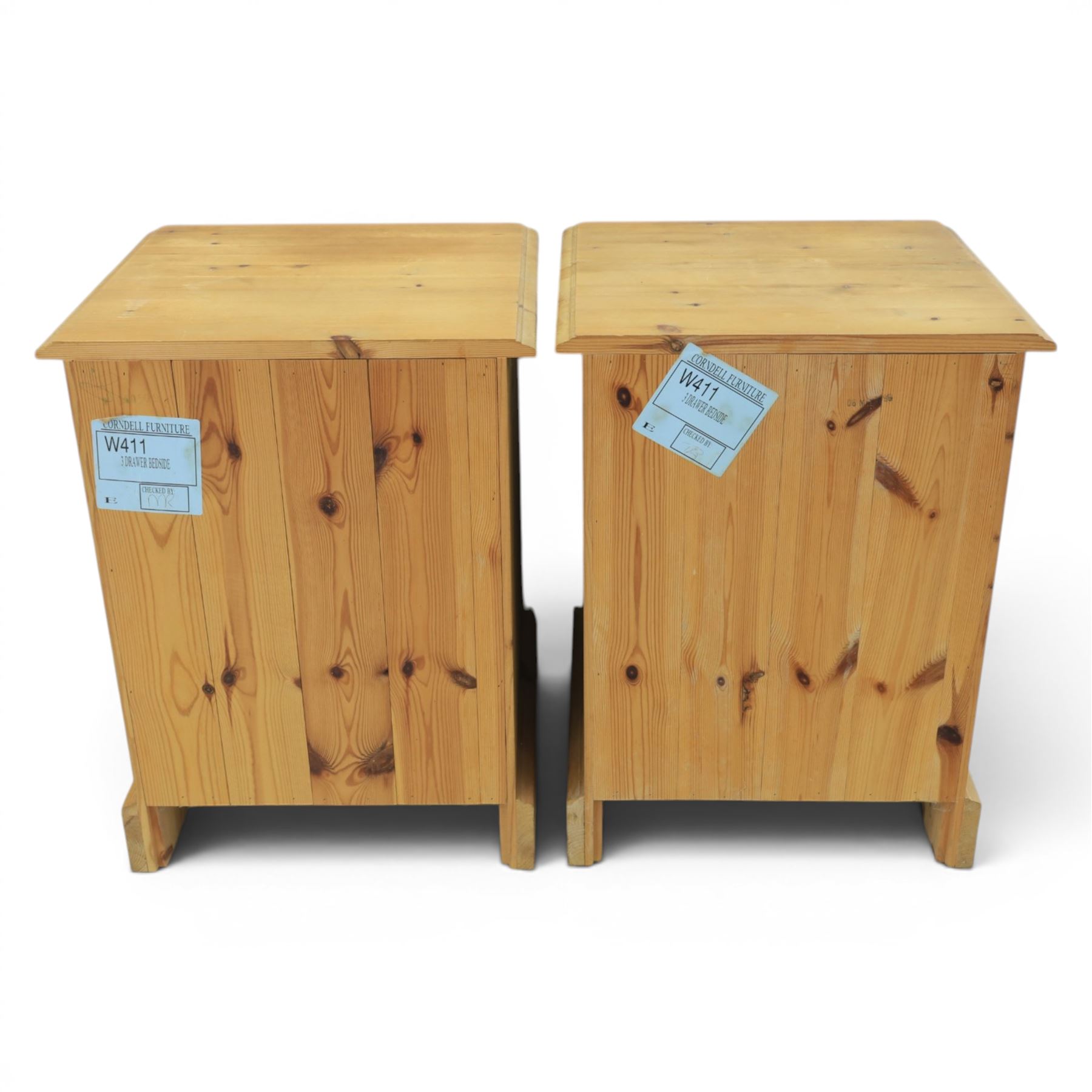 Pair of solid pine three drawer bedside pedestal chests