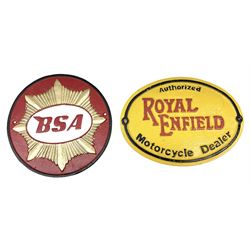 Two reproduction cast iron motorcycle signs comprising BSA example and Royal Enfield example 