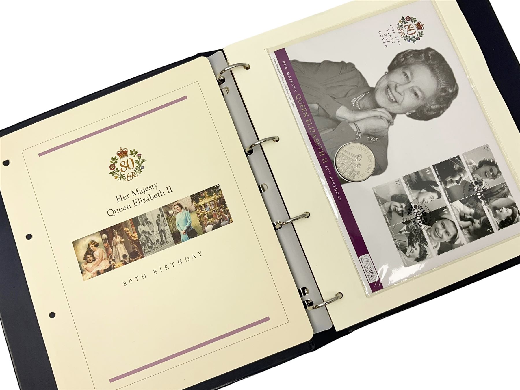 Stamp and coin covers, including 2006 'Her Majesty Queen Elizabeth II 80th Birthday' containing five pounds coin, first day covers relating to Diana Princess of Wales etc, housed in a ring binder folder