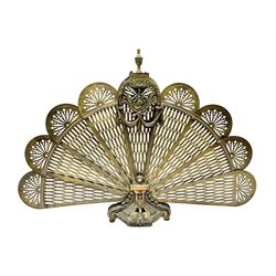 Pierced brass peacock style folding fire screen, with urn finial, H65.5cm