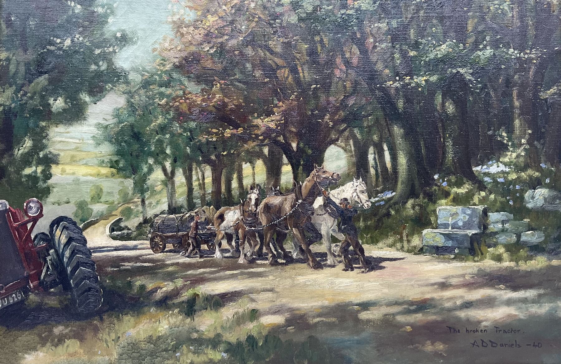 AD Daniels (British 20th century): 'The Broken Tractor', oil on canvas signed titled and dated '40, 50cm x 75cm