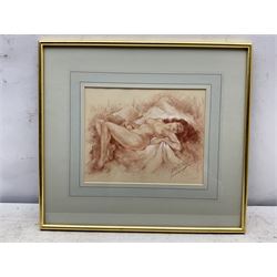 Yves Diey (French 1892-1984): Female Reclining Nude, sanguine crayon/chalk drawing signed 21cm x 27cm