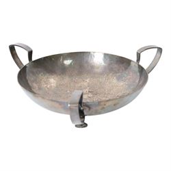 The Keswick School of Industrial Art, three stem bowl, the bowl supported upon three strapwork handles finished in leaf designs, marked beneath Keswick C196, H9cm D21cm