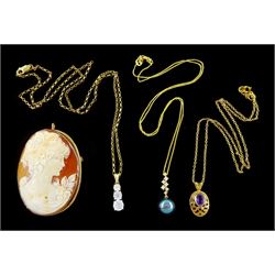 9ct gold amethyst pendant necklace, 14ct gold cubic zirconia pendant, on 9ct gold chain necklace, 14ct gold simulated pearl pendant necklace and a 9ct gold cameo brooch