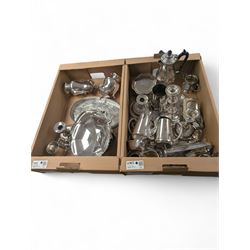 Collection of silver plated items, including trays, swing handled basket, coffee pot, cand...