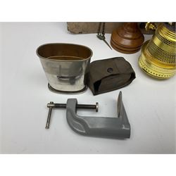 Pair of turned wooden goblets, six hardstone eggs, vintage slide rule and a leather letter rack, etc