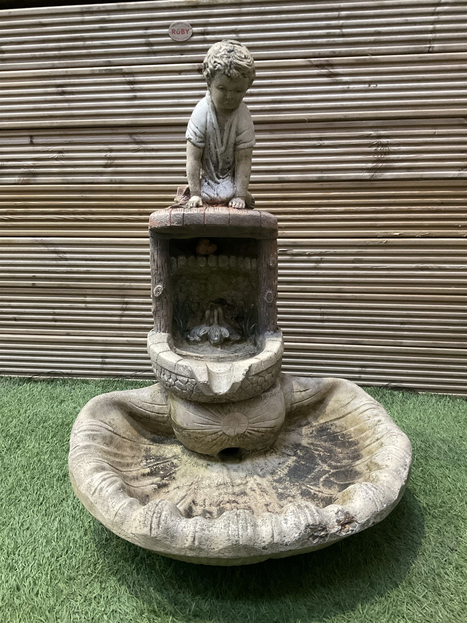 Cast stone ornament of a kneeling boy with a water feature  - THIS LOT IS TO BE COLLECTED BY APPOINTMENT FROM DUGGLEBY STORAGE, GREAT HILL, EASTFIELD, SCARBOROUGH, YO11 3TX