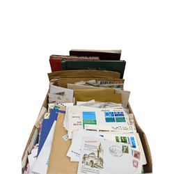 Quantity of stamps including first day covers, commemoratives, St Vincent etc, housed in various albums, folders and loose, in one box