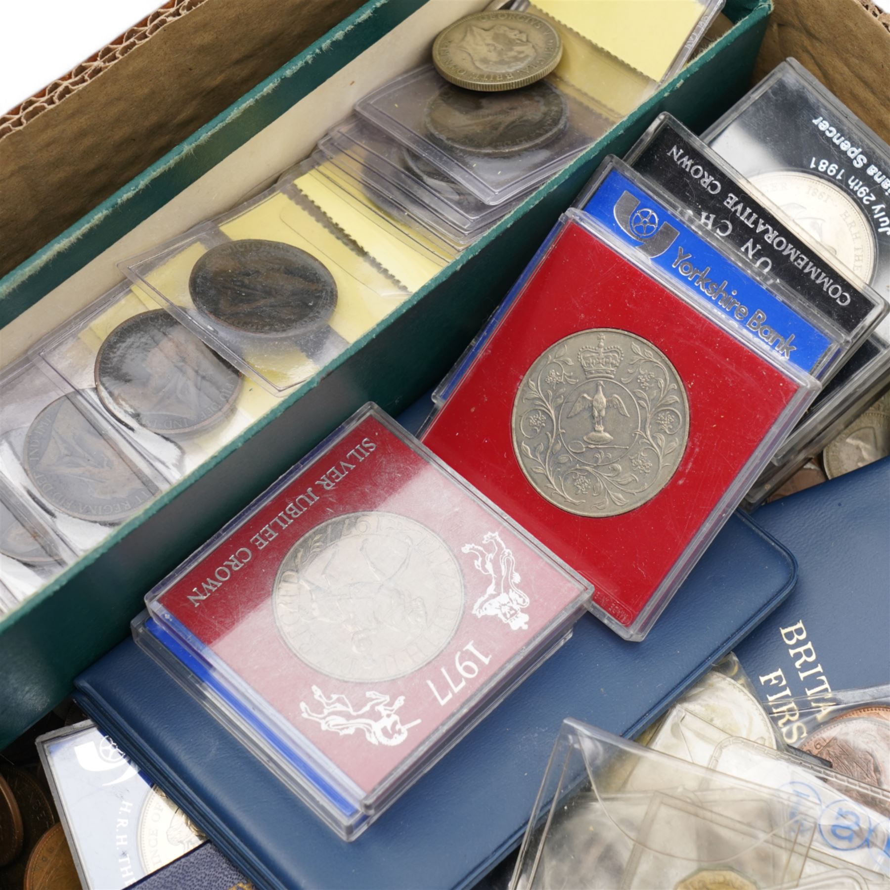 Quantity of Great British and World coins, including commemorative crowns, 'Britain's First Decimal Coins' sets in blue wallets, commemorative crowns, Queen Victoria and later pennies, other pre-decimal coinage etc