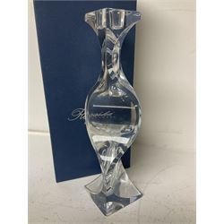 Late 20th century art glass, to include a Robert Held vase, of baluster form with iridescent swirl design, two frosted glass vases with peacock feather design on green and white ground, frosted glass tulip shaped bowl with smoke design and a Rogaska Crystal cobra candlestick, tallest vase 27cm