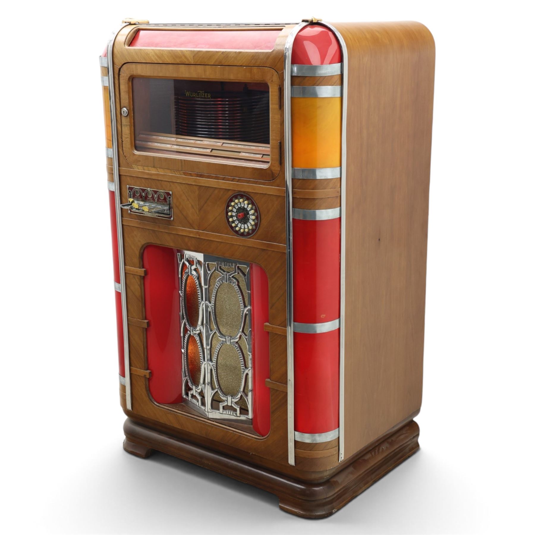 Rudolf Wurlitzer Company - Model 616 'Simplex' 1937 jukebox, figured walnut veneered cabinet with illuminated red and amber side panels enclosed by chromed uprights, glazed upper record compartment, cast Art Deco speaker grille, coin-operated push-button selection panel with circular title index, raised on a moulded base