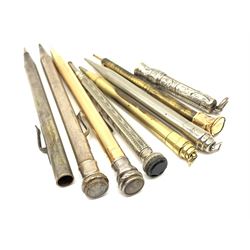 A late Victorian Sampson Mordan & Co silver push action propelling pencil, with foliate engraved decoration and suspension ring terminal, hallmarked Sampson Mordan & Co, London 1896, together with a group of vintage pens including examples by Eversharp, a number marked Silver Plated, Rolled Gold, and Gold Filled. 