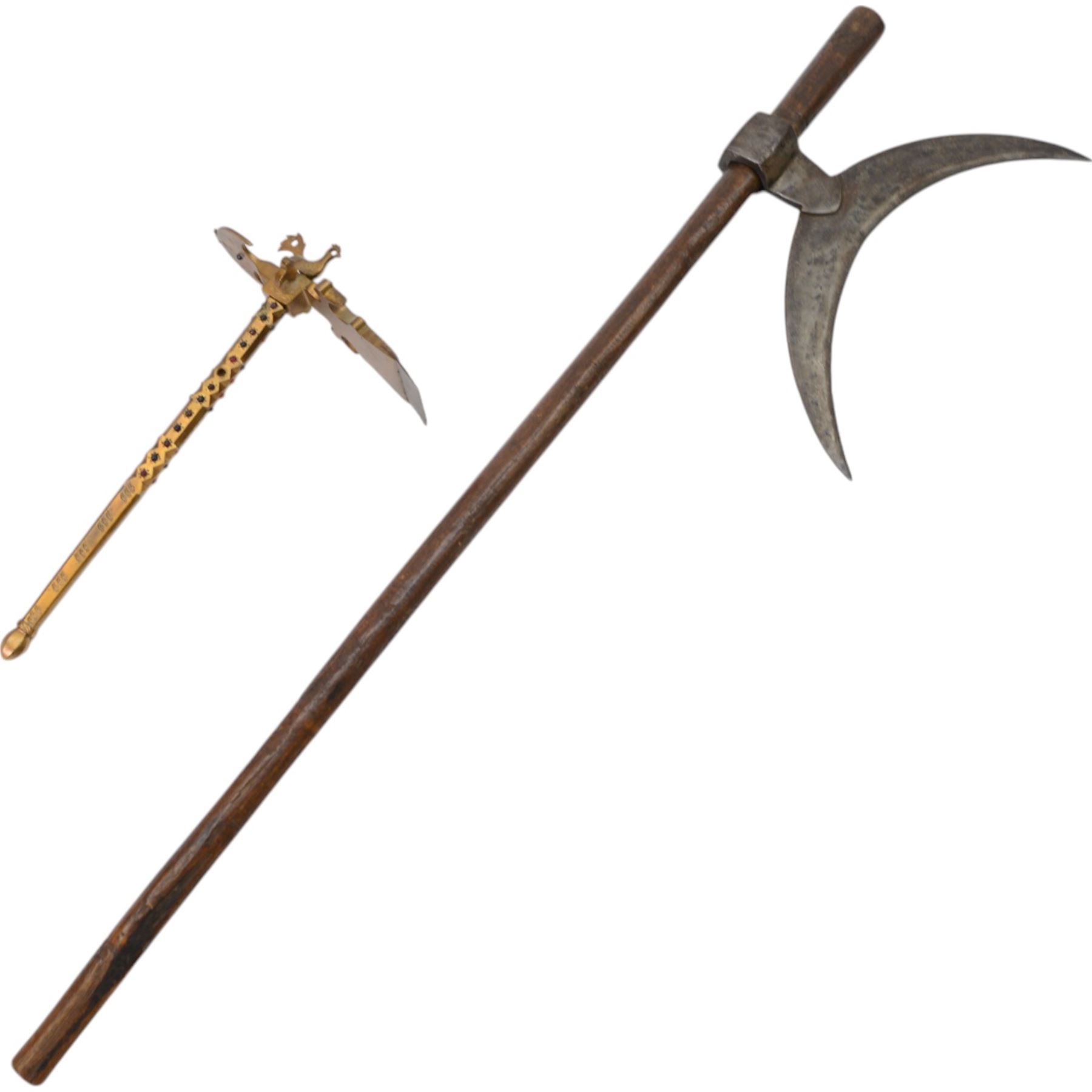  Persian sugar salt axe, decorated with coloured cabochons and cockerel finial and Persian Bulova or Tongi steel-bladed axe with wooden handle 