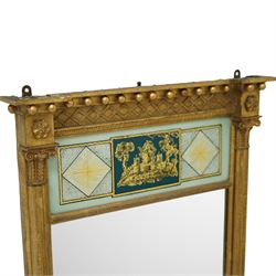 Regency period giltwood and verre-eglomise mirror, gilded frieze with trellis and ball design flanked by paterae and gilded beading beneath, above a large reverse painted glass panel depicting a monastic building between stylized diamond design with striations, gilded and hand-painted on glass flanked by Corinthian capitals above fluted columns between the original mirror plate above a stepped and beaded moulded base, circa 1815


Provenance: No. 1 Charlotte Square, New Town, Edinburgh.