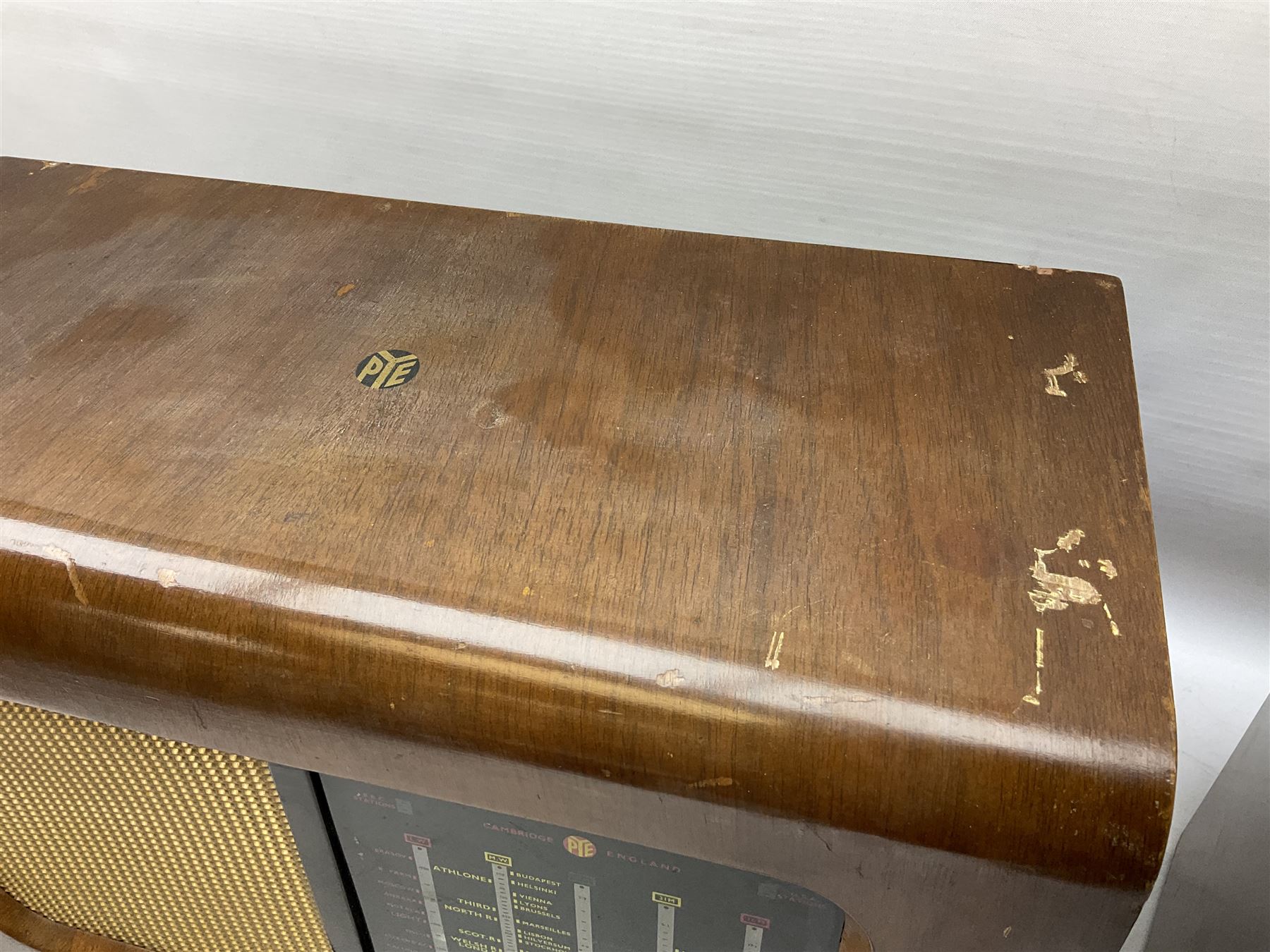 1950s Pye Type PE80 Cambridge International radio, W58cm H43cm D27cm, together with 1952 Pye Type P45 valve radio and 1940s Pye Type 15A radio (3)