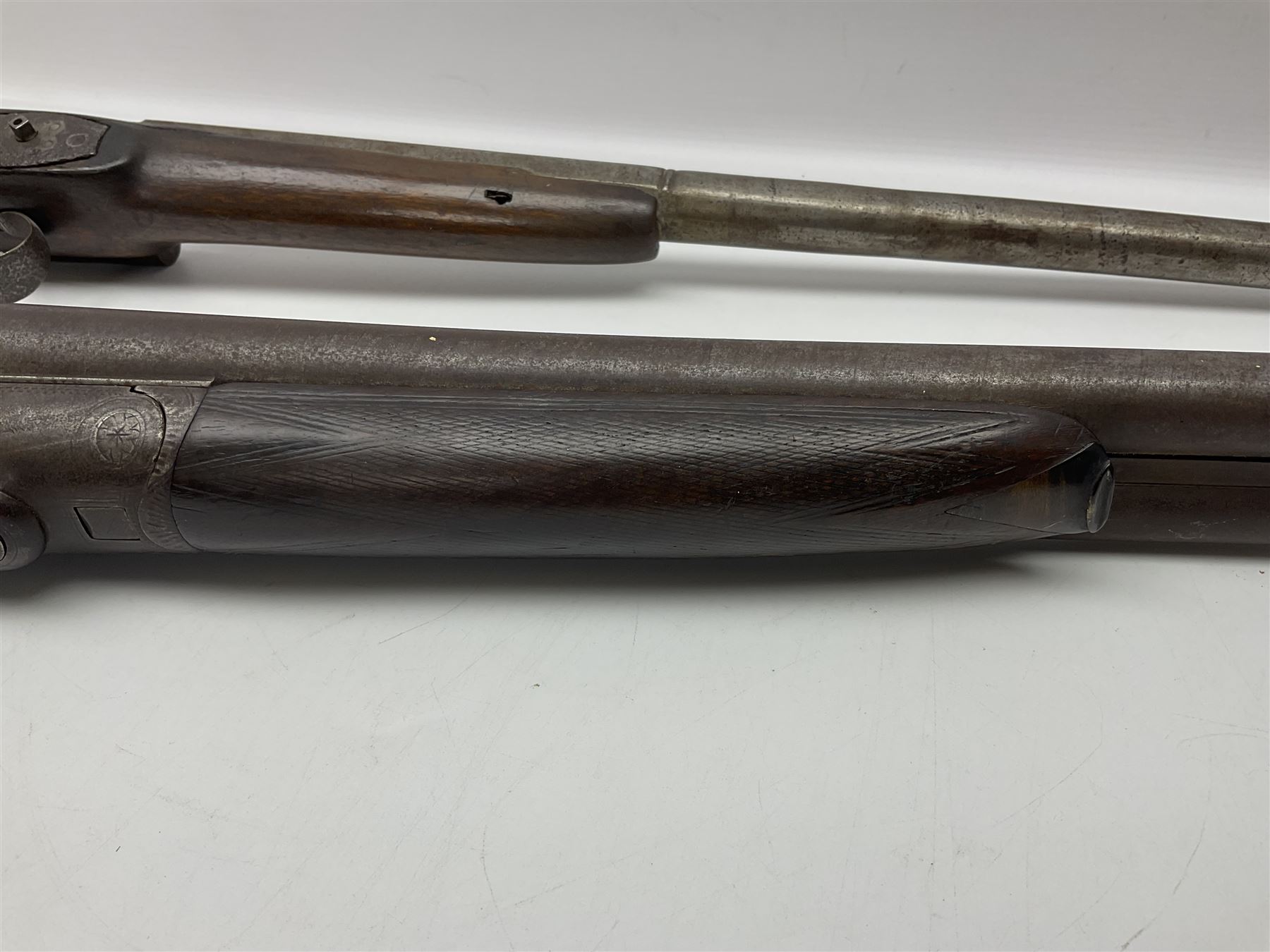 UNPROOFED/OUT OF PROOF SO RFD ONLY - three guns in poor condition comprising 19th century G. Coop 12-bore side-by-side double barrel hammer shotgun; 14-bore single barrel percussion sporting gun composed of various parts with cut-down barrel; and non-firing mock snider action ornamental gun (3)